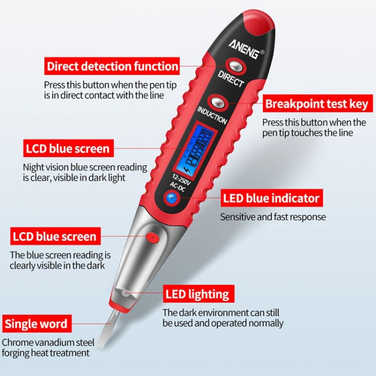 ANENG VD700 2pcs Sound and Light Alarm Non-contact Digital Display Sensor Multi-function Test Pen(Black Red)