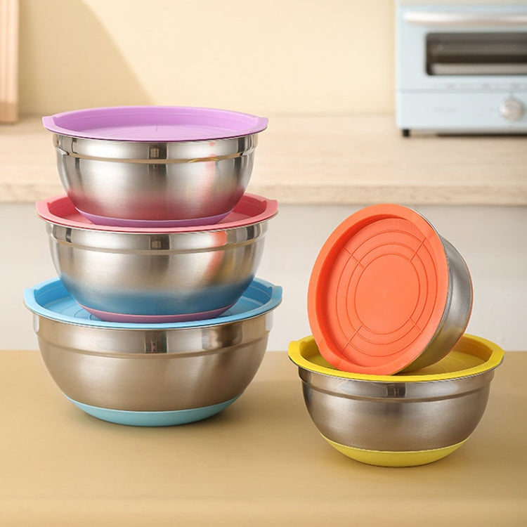 22cm With Colorful Silicone Bottom & Lid Salad Bowl Stainless Steel Thickened Basin(Color Random Delivery)