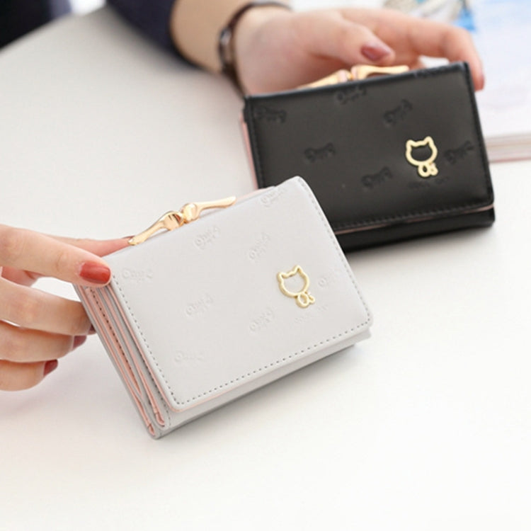Cartoon Cute Cat Tri-fold Wallet Mini Embossed Multifunctional Wallet(Black)