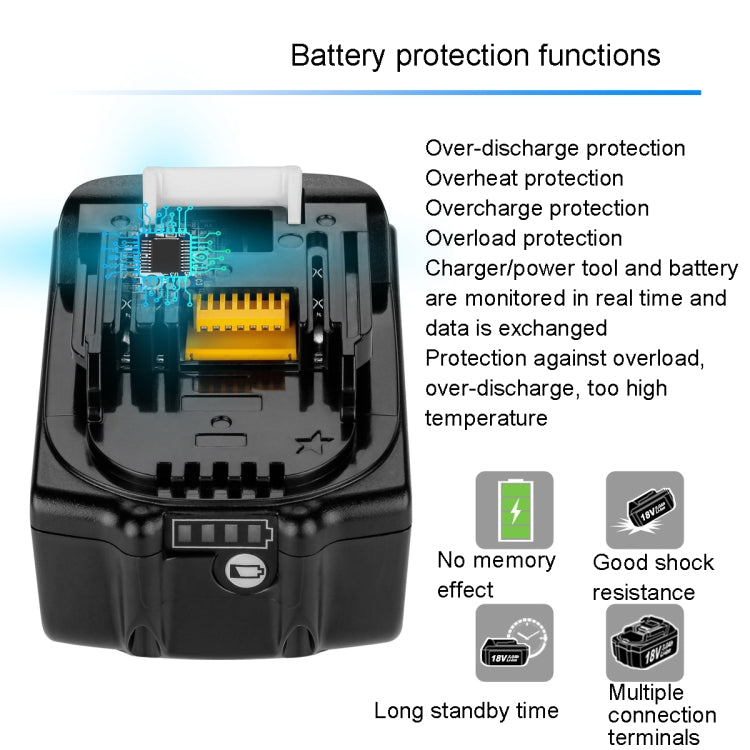 18V Hand Drill Lithium Battery Electric Tool Battery Pack For Makit BL1850 / BL1830 / BL1835 / LXT400 / 194204-5, Capacity: 6000mAh