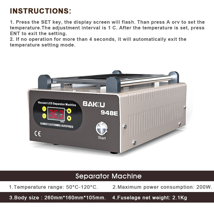 BAKU BA-948E Mobile Phone Liquid Crystal Separation Machine Flat Display Separator Heating Board EU Plug 220V