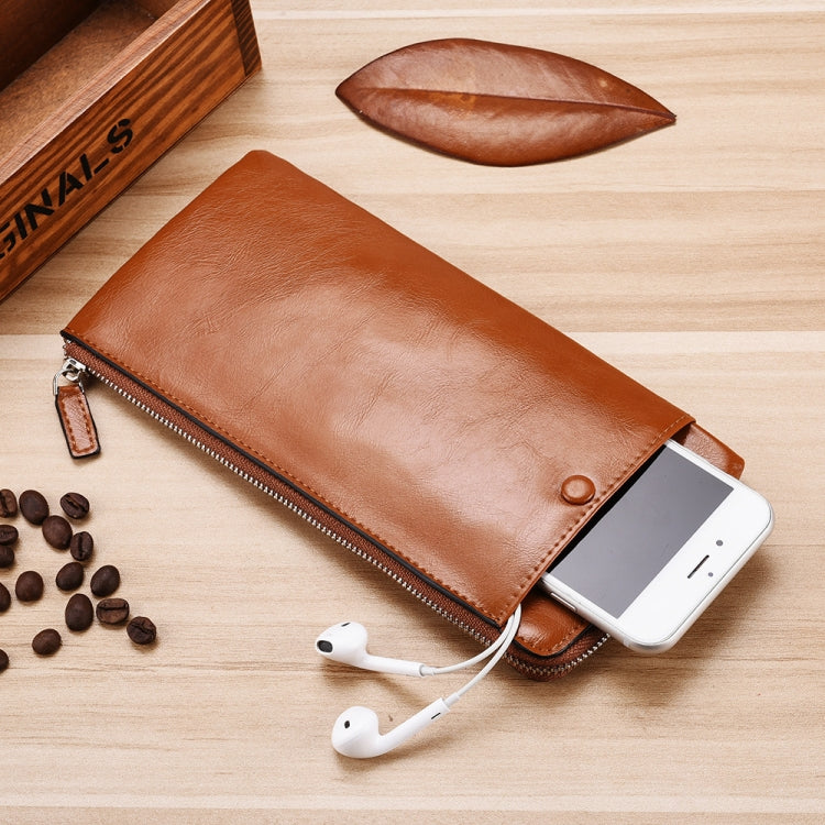 Men Long Wallet Soft Leather Zipper Mini Phone Bag Clutch Bag(Brown)