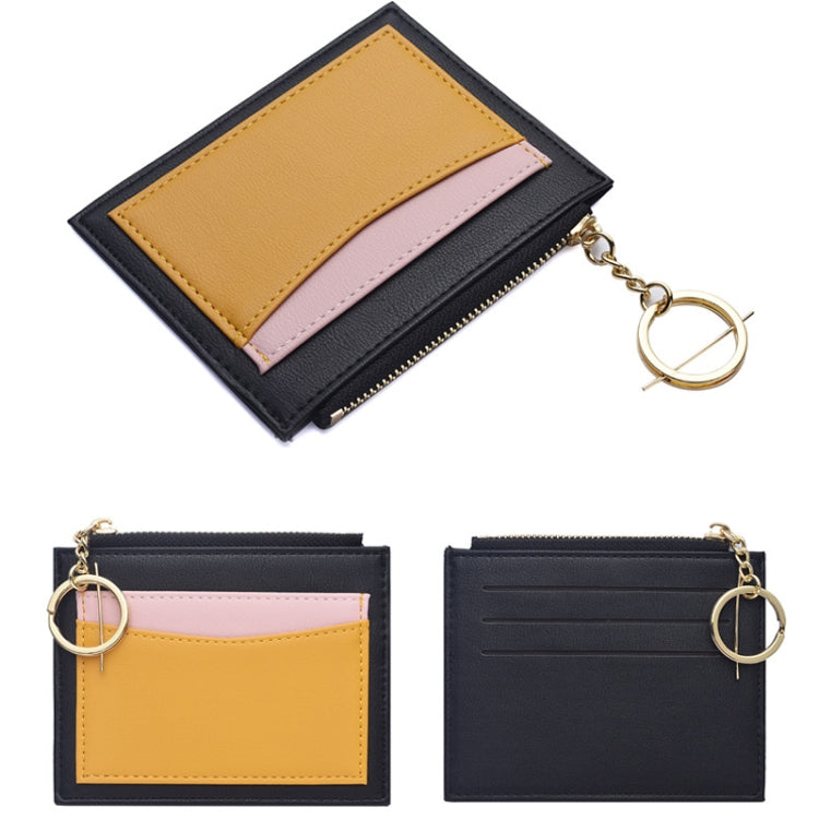 Women PU Leather Small Wallet Short Ultra-thin Color Contrast Splicing Card Holder(Black)