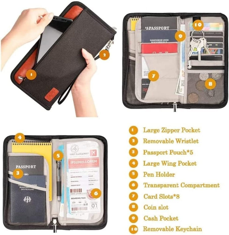 Multifunctional RFID Anti -Theft Passport Package Travel Air Ticket Pocket Card Large Capacity Document Storage Package(Orange)