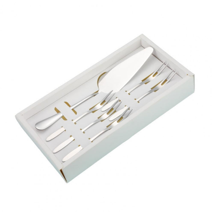 6pcs/set Stainless Steel Cake Knife And Fork Set, Color: Silver With 2-tine Forks