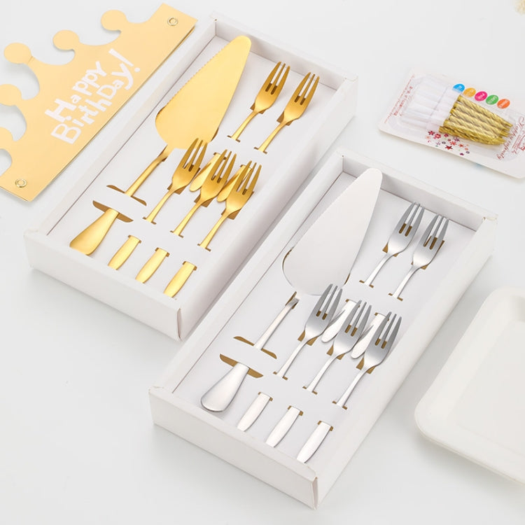 6pcs/set Stainless Steel Cake Knife And Fork Set, Color: Gold With 3-tine Forks