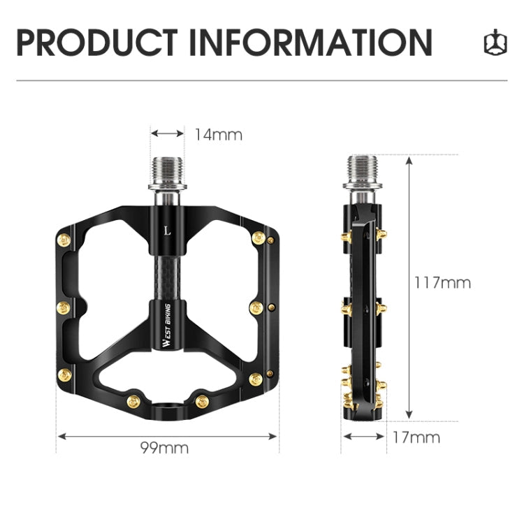 WEST BIKING 3 Bearings Ultralight Carbon Fiber Bushing Mountain Bike Pedal(Red)