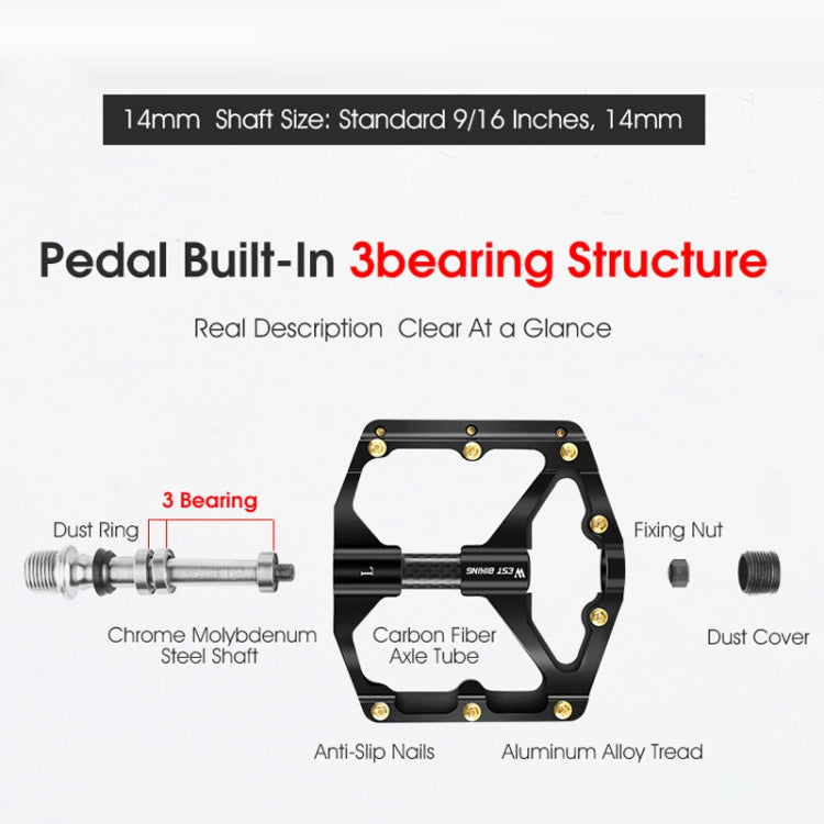 WEST BIKING 3 Bearings Ultralight Carbon Fiber Bushing Mountain Bike Pedal(Red)