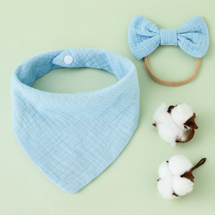 Baby Cotton Gauze Drool Towel + Bow Hairband Set Baby Bibs(Sky Blue)
