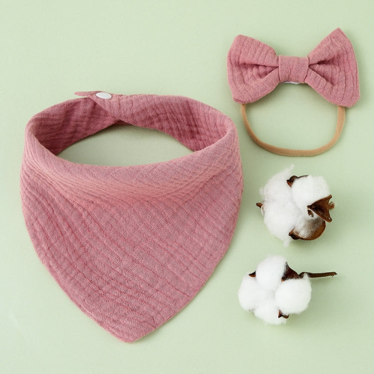 Baby Cotton Gauze Drool Towel + Bow Hairband Set Baby Bibs(Rubber Pink)