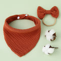Baby Cotton Gauze Drool Towel + Bow Hairband Set Baby Bibs(Brick Red)