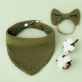 Baby Cotton Gauze Drool Towel + Bow Hairband Set Baby Bibs(Green)