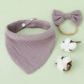 Baby Cotton Gauze Drool Towel + Bow Hairband Set Baby Bibs(Grape Purple)