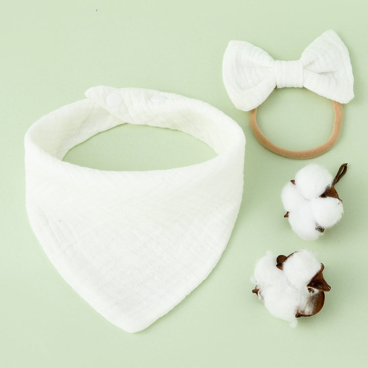 Baby Cotton Gauze Drool Towel + Bow Hairband Set Baby Bibs(White)