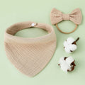 Baby Cotton Gauze Drool Towel + Bow Hairband Set Baby Bibs(Khakiqi)