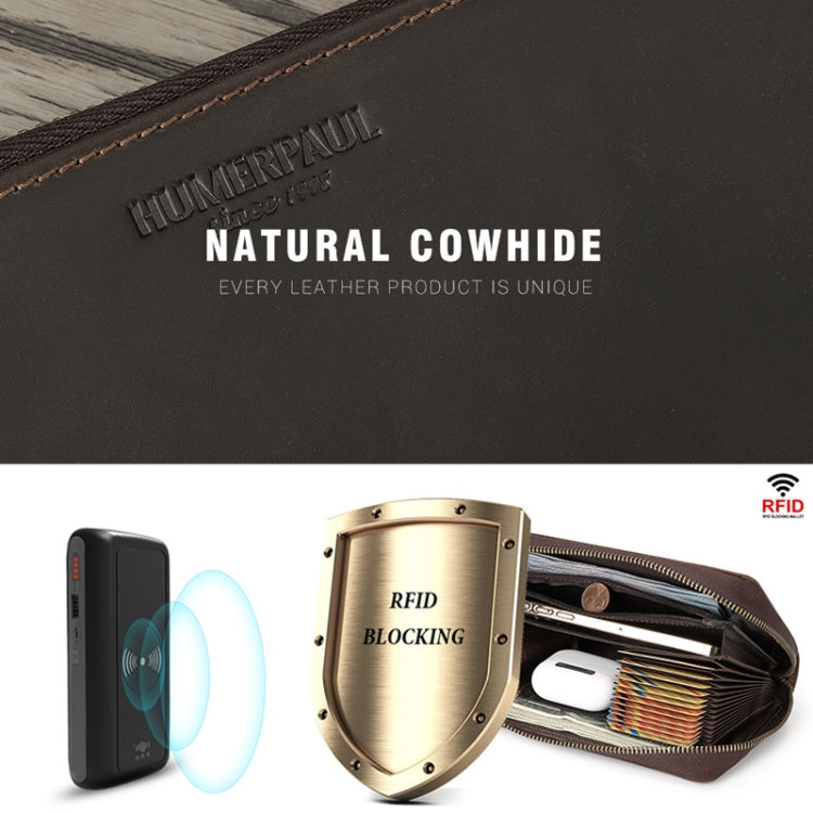 HUMERPAUL RFID Retro Zipper Multi -Card Leather Men Long Wallet Handbag(Coffee)