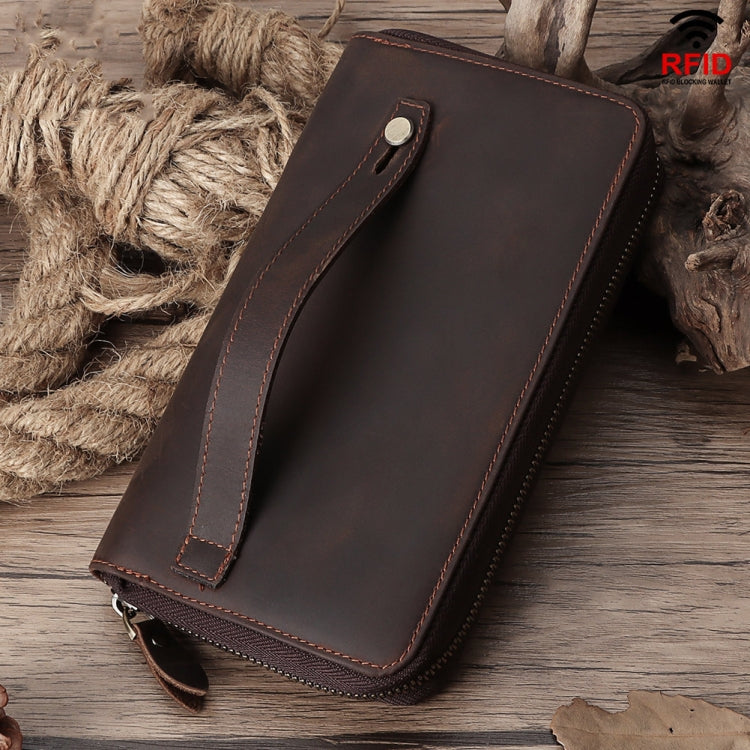 HUMERPAUL RFID Retro Zipper Multi -Card Leather Men Long Wallet Handbag(Coffee)