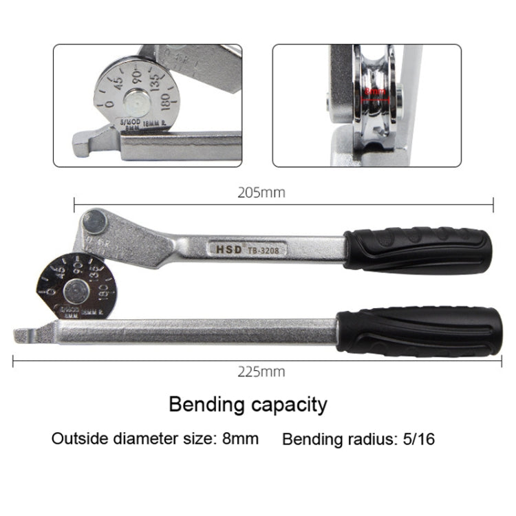 HSD TB-3208 8mm Diameter Manual Stainless Steel Pipe Iron Tube Bender Air Conditioner Copper Pipe Aluminum Pipe Bender