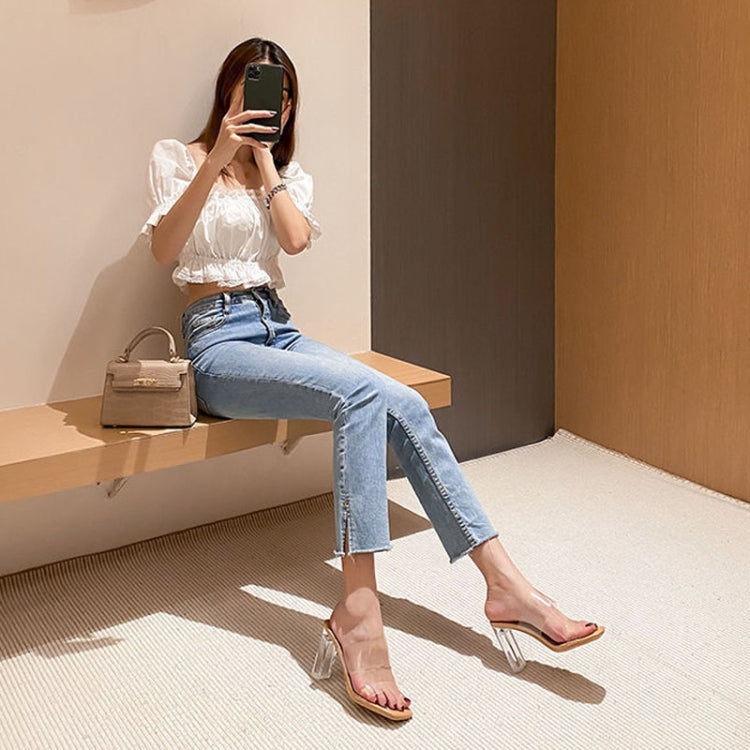 9cm Women Outerwear Sandals Summer Thick High-Heeled Crystal Transparent Flip Flops, Size: 36