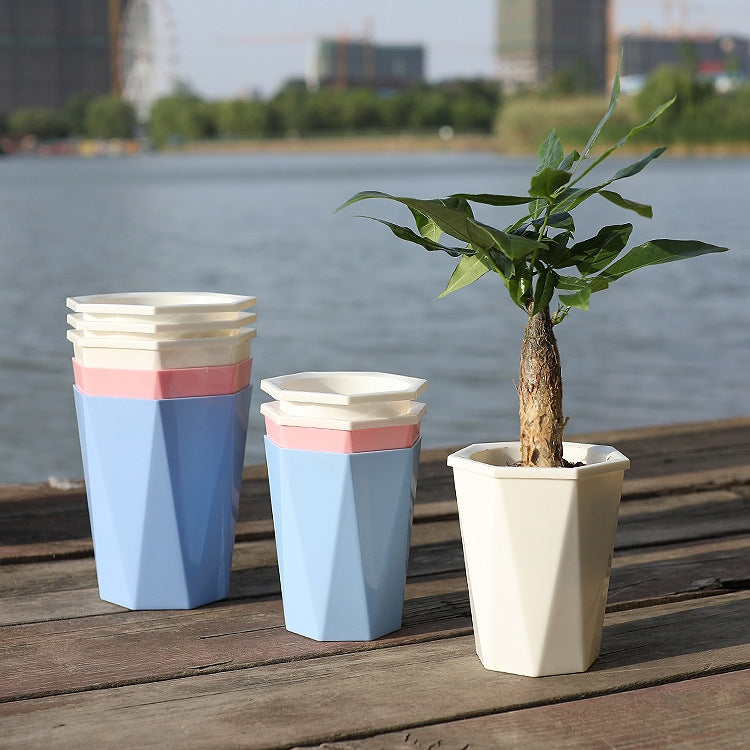 Diamond-shaped Automatic Water-absorbing Lazy Flower Pot Green Plant Plastic Pot  12cm x 14cm(Pink)
