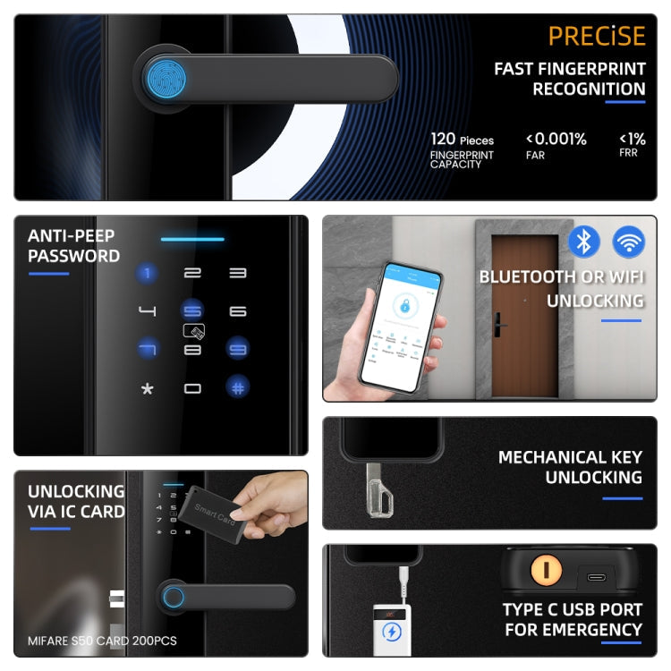 C91 Tuya Smart WiFi Password Fingerprint Electronic Door Lock(Black)