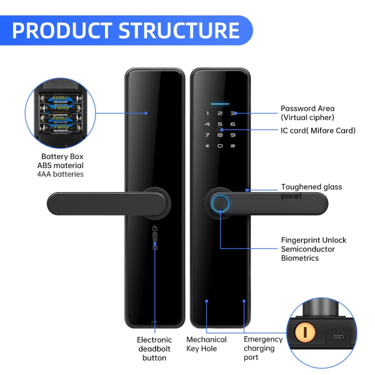 C91 Tuya Smart WiFi Password Fingerprint Electronic Door Lock(Black)