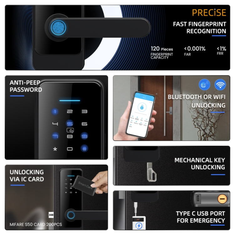 C89 Smart Fingerprint Password Lock Home Indoor Door TUYA System Lock(Black)