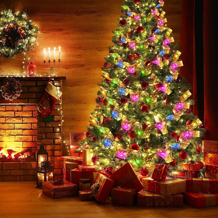 5m 50LEDs 8-function+Remote LED Christmas Tree Decoration Bronzing Ribbon Lights(Gold-Colorful)