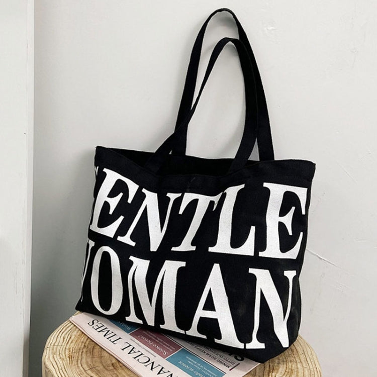 Women Printed Letter Canvas Bag Single Shoulder Tote Bag(Black)