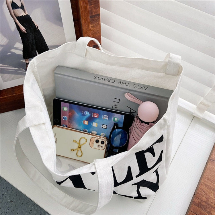 Women Printed Letter Canvas Bag Single Shoulder Tote Bag(Black)