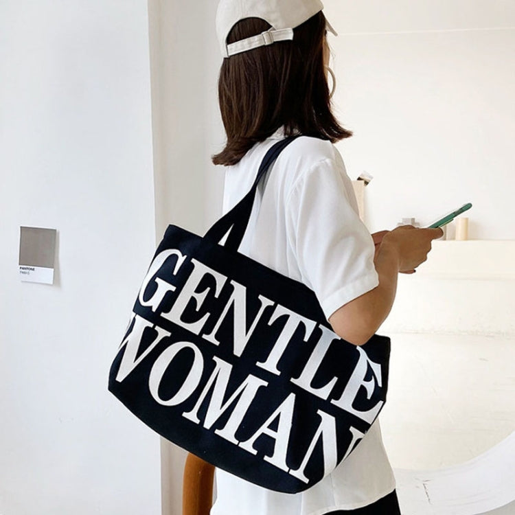 Women Printed Letter Canvas Bag Single Shoulder Tote Bag(Black)