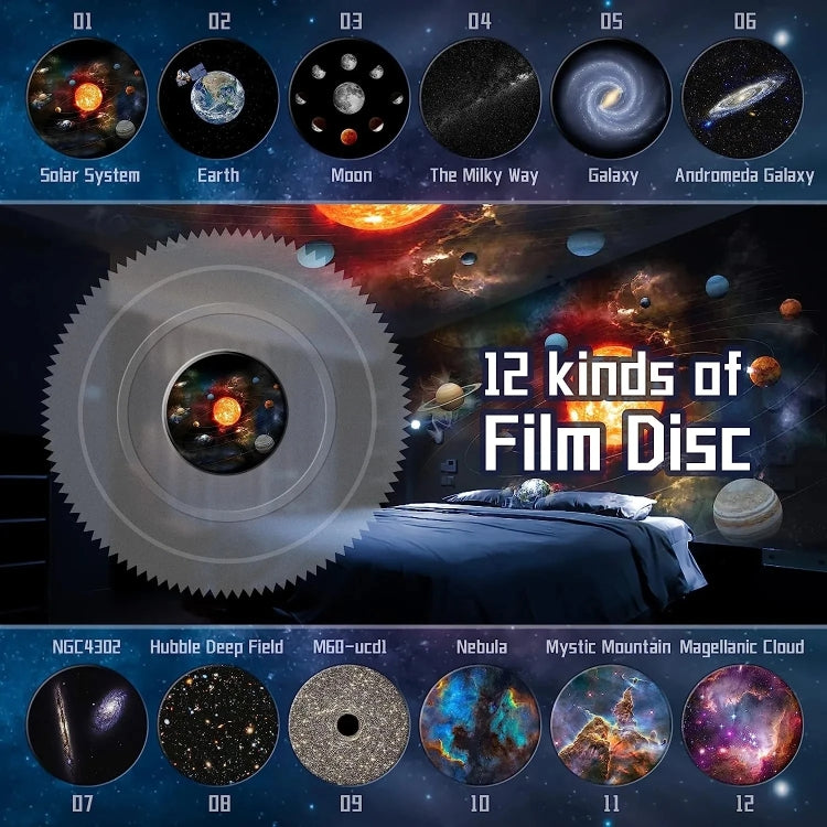 Galaxy Night Light Star Projector LED Table Lamp Children Room Decor With 12pcs Film Disc(Black)