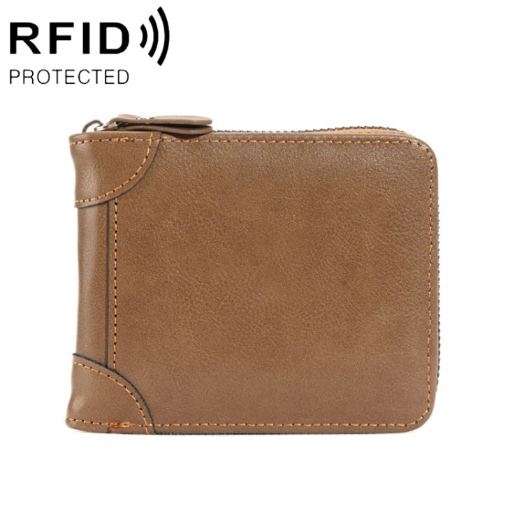 RFID Anti-Theft Swipe Mens Wallet Multifunctional Zipper Wallet(Brown)