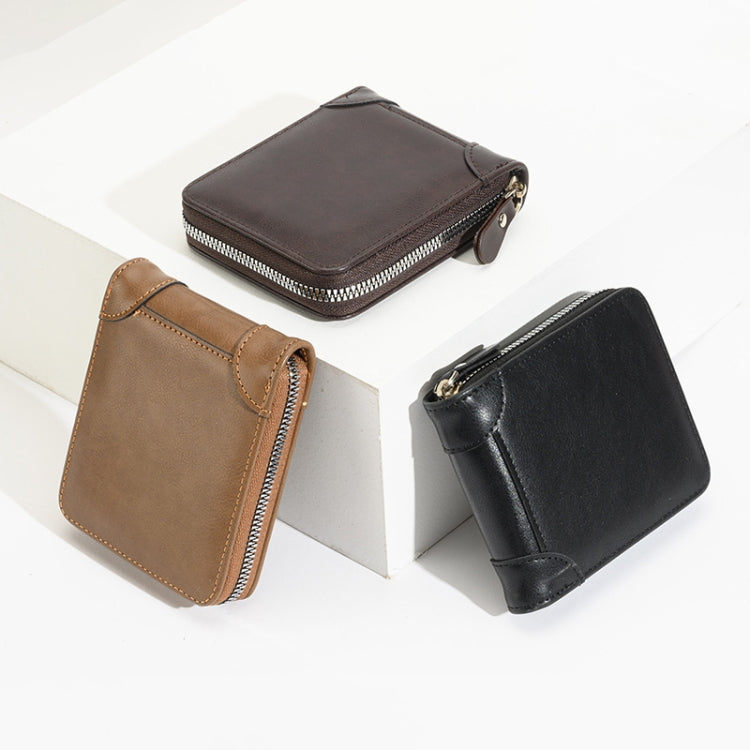 RFID Anti-Theft Swipe Mens Wallet Multifunctional Zipper Wallet(Brown)