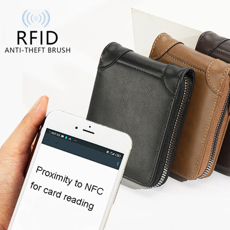 RFID Anti-Theft Swipe Mens Wallet Multifunctional Zipper Wallet(Brown)