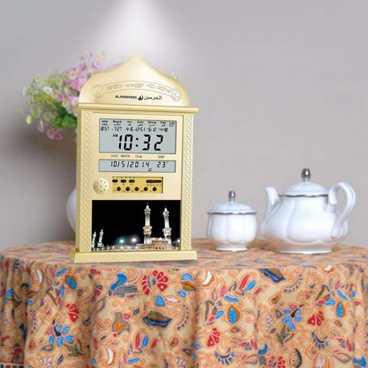Desktop Perpetual Calendar Alarm Clock LCD Display Reminder Prayer Clock(Gold)