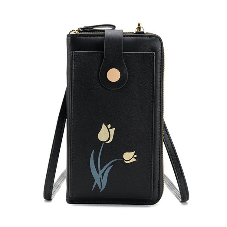 Printed Single Shoulder Crossbody Bag Ladies Long Flower Cell Phone Bag(Black)
