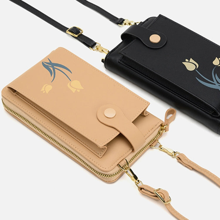 Printed Single Shoulder Crossbody Bag Ladies Long Flower Cell Phone Bag(Black)