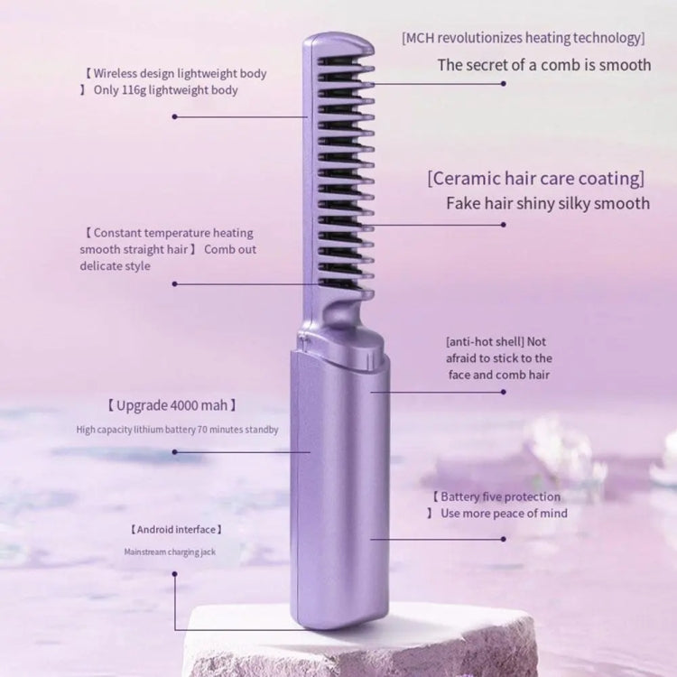 2 In 1 Portable USB Rechargeable Hair Curler Dual Usage Hair Straightening Comb(Purple)