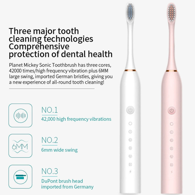 Rechargeable Ultrasonic Soft Bristle Electrical Toothbrushes Flosser 6 Gear With 4 Brushes(Pink)