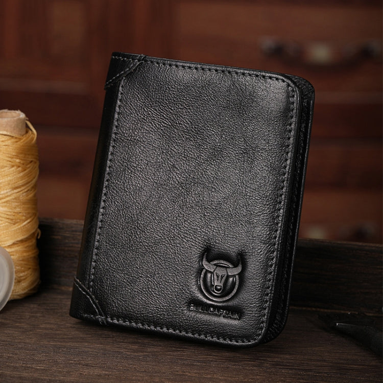Bull Captain Men Wallet First-layer Cowhide Coin Clip RFID Retro Vertical ID Holder(Black)