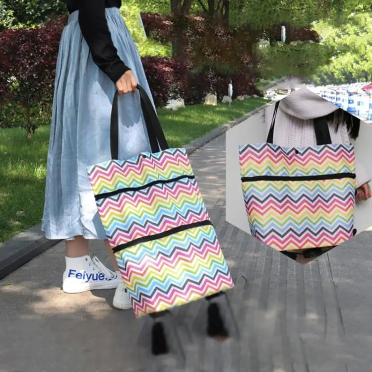 2 In 1  Oxford Cloth Shopping Bag Foldable Shopping Trolley Cart(Green Wave Dot)