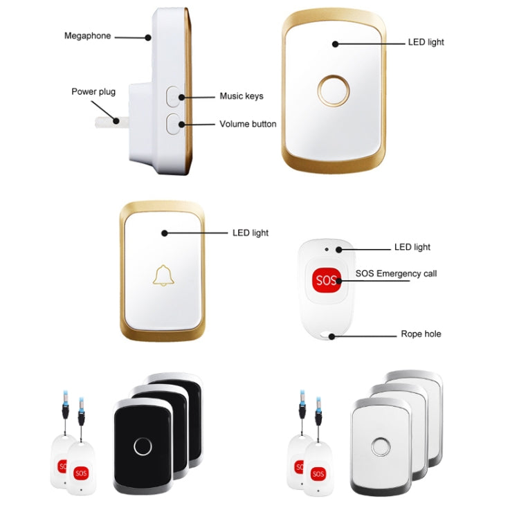CACAZI C20 Two To Three Wireless Pager For The Elderly Home Care Waterproof Emergency Pager, EU Plug(Gold)