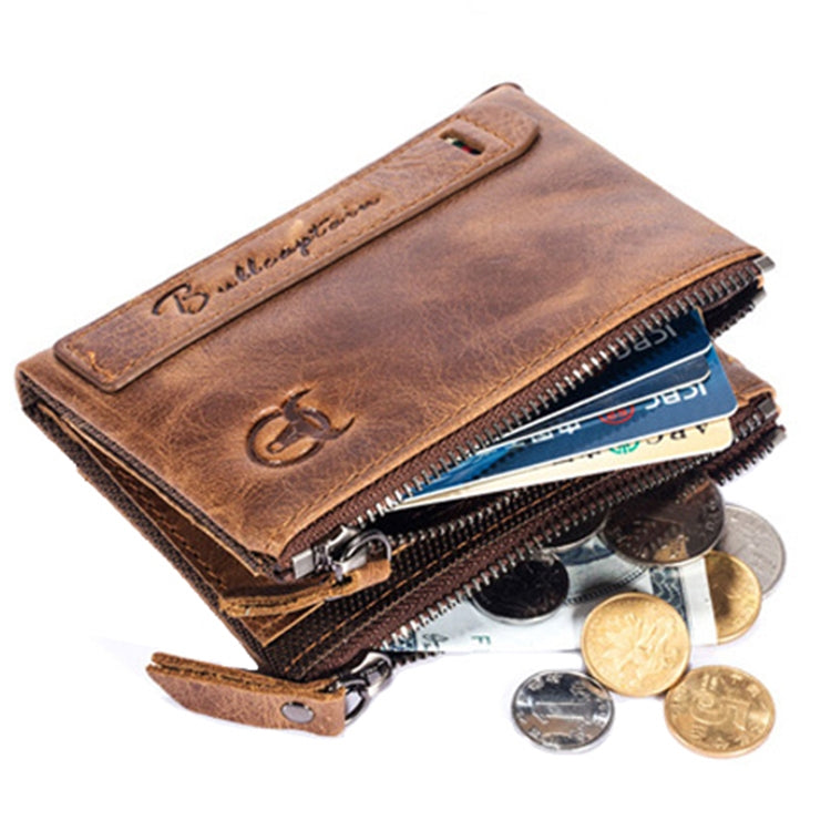 BULL CAPTAIN QB06 Retro First-layer Cowhide Anti-theft Zipper Wallet Short Drive License Coin Clip(Brown)