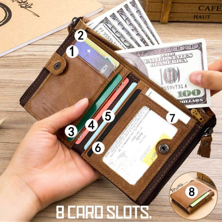 BULL CAPTAIN QB06 Retro First-layer Cowhide Anti-theft Zipper Wallet Short Drive License Coin Clip(Black)