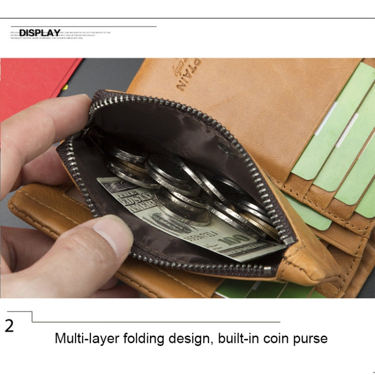 BULL CAPTAIN 03 Large-capacity Folding Multi-card Slot Cowhide Zipper Wallet Coin Clip(Black)