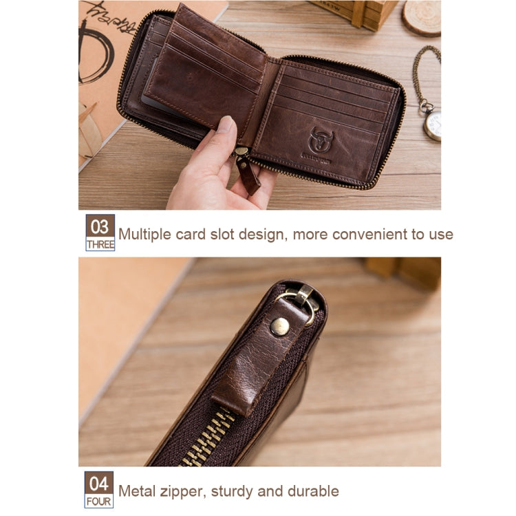 BULL CAPTAIN 042 RFID Anti-theft Cowhide Multi-card Slot Business Card Holder Zipper Wallet(Black)