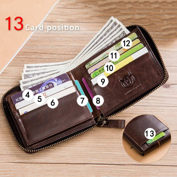 BULL CAPTAIN 042 RFID Anti-theft Cowhide Multi-card Slot Business Card Holder Zipper Wallet(Black)