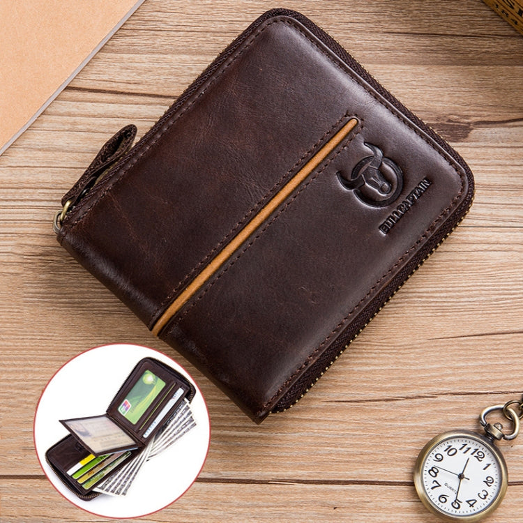 BULL CAPTAIN 042 RFID Anti-theft Cowhide Multi-card Slot Business Card Holder Zipper Wallet(Coffee)