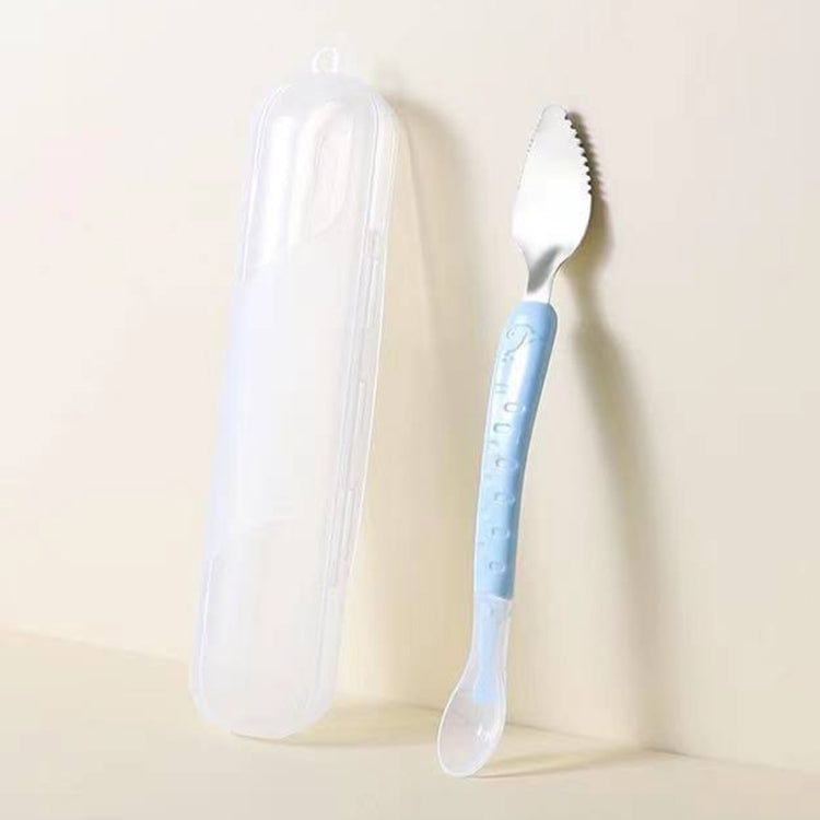 Baby Fruit Double-Ended Scraping Spoon 304 Stainless Steel Silicone Soft Spoon, Color: Blue With Storage Box
